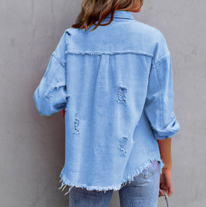 S-2XL नई मध्य लंबाई वाली डेनिम जैकेट और छेद महिलाओं की शरद ऋतु और सर्दियों की लंबी आस्तीन वाली आकस्मिक लैपल शीर्ष - Product Image 6