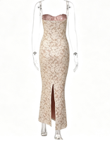 Robe longue d'été 2026 sexy et tendance pour femme, en maille unie, tissée respirante, avec empiècements en dentelle, bretelles spaghetti, taille élastique et coupe ajustée, style licou