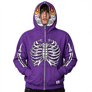 Sweat-shirt à capuche zippé pour homme, coupe classique, en polyester tricoté, motif crâne gothique violet, avec design flamme et imprimé squelette sur le devant - Product Image 1
