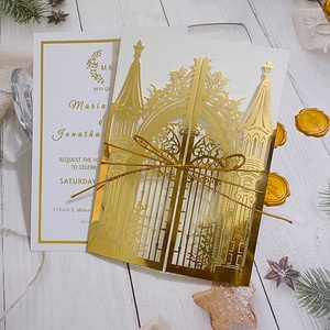 Invitations de mariage en forme de château de conte de fées en miroir doré, OEM, argent, blanc, noir, <span class=keywords><strong>d</strong></span>écoupe au laser, carte de fête <span class=keywords><strong>d</strong></span>'anniversaire - Product Image 4