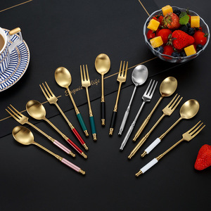 Retro 304 Stainless Steel Spoons And <b>Forks</b> Matte Gold Round Handle Dessert Coffee Stirring Utensils For Party - Product Image 1