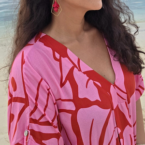 Manufacturer-designed Hawaiian print V-neck split maxi dress 100% Viscose Rayon <b>beach</b> dress red <b>kaftan</b> - Product Image 3