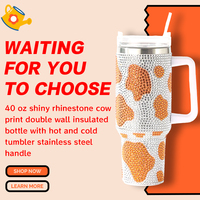 BORGE 40oz Bling Rhinestone Vaca Imprimir Termo de doble pared Vaso frío caliente Acero inoxidable con mango