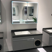 Meuble de salle de bain intelligent de luxe avec miroir, mural, en bois massif, avec comptoir en marbre et mini-lave-linge