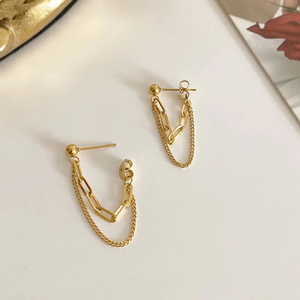 Boucles d'oreilles pendantes modernes en acier inoxydable plaqué or 18 carats, boucles d'oreilles à double chaîne, boucles d'oreilles à clous délicates, anti-ternissement, pour femmes - Product Image 6