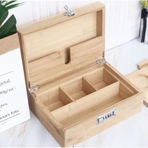 Bamboo Desktop Storage <b>Box</b> With Compartments And Lockable Drawer For <b>Makeup</b> Organizers - Product Image 3