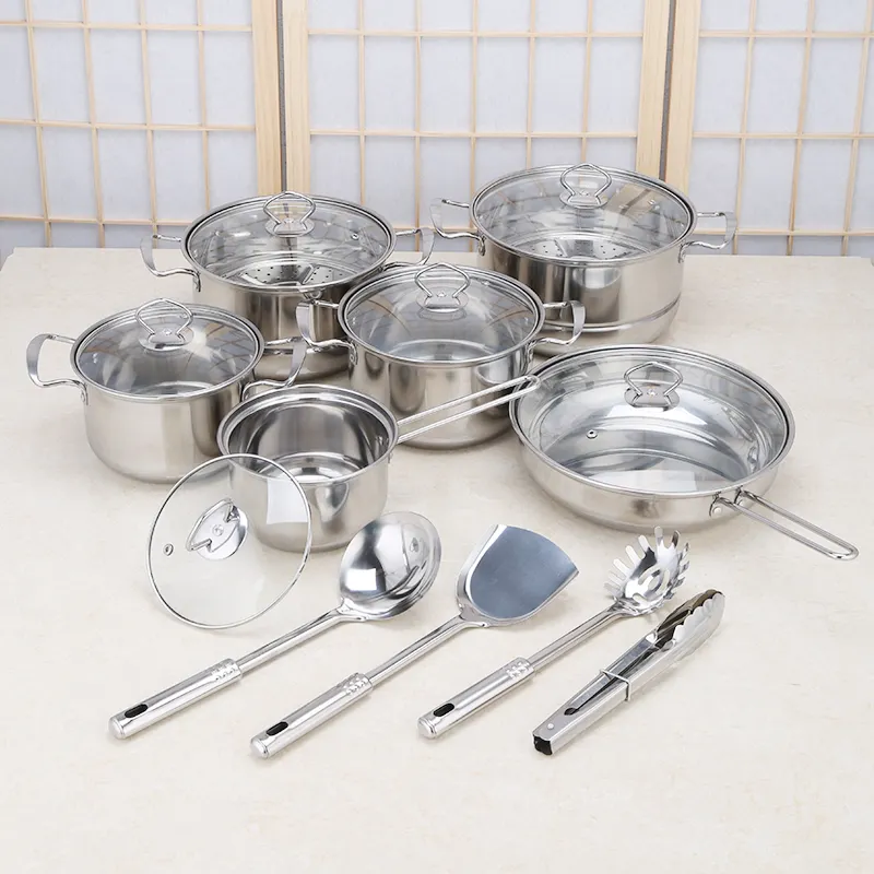 18pcs stainless steel cookware with glass lid stainless steel cooking pot and pan