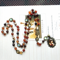 Vente en gros de pendentifs en verre vintage argenté, cabochon, Vierge Marie, chapelet, perles d'agate, pour femmes, prière, église catholique, cadeau européen