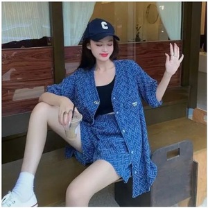 Women's Blue Two Piece Set Three Quarter Sleeve Oxford Fabric Casual <b>Suit</b> With <b>Buttons</b> Plus Size Summer Fashion - Product Image 4