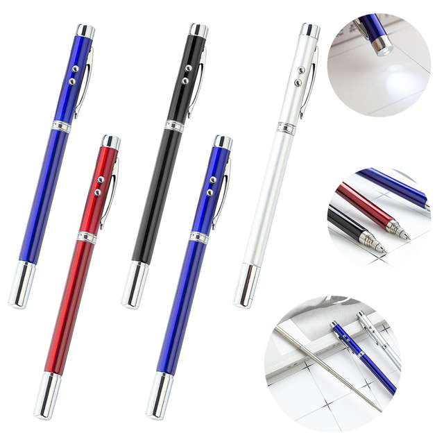 5-in-1 Retractable Telescopic Antenna Teaching Pointer LED Flashlight Ballpoint Pen with Magnet in Metal Case Red