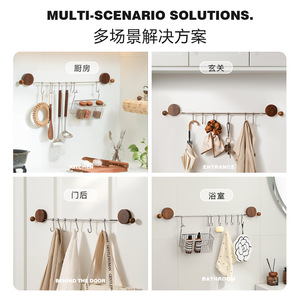 Walnut Wood Suction Cup Hooks Wall Mounted Storage Rack For Kitchen Utensils Punch Free Polished Finish - Product Image 4