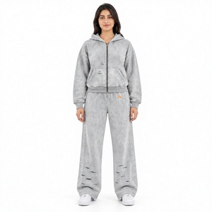 Conjunto de Sudadera con Capucha y Pantalones Deportivos para Mujer, Estilo Acid Wash, Holgado, Desgastado, 2 Piezas, 100% Algodón - Product Image 1