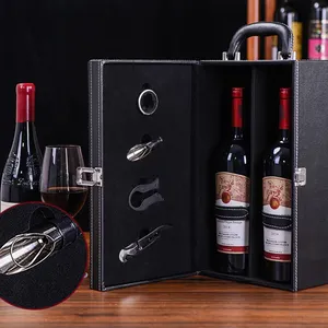 Custom Logo Portable Travel Wine Box Double Load Red Wine Packing Case With 4 Piece Wood Accessories Set Gift Box