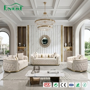 Juego de Sofás Modernos <span class=keywords><strong>Chesterfield</strong></span> de Terciopelo con Botones y Adornos Dorados para Sala de Estar, Personalización Completa para Proyectos de Villas y Mansiones - Product Image 1