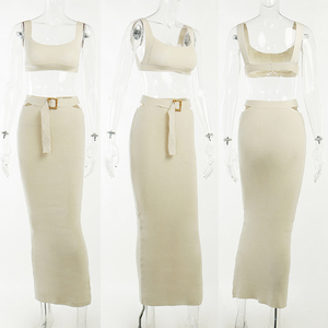 GX22395 <span class=keywords><strong>Abbigliamento</strong></span> Estivo Boutique, Completo Sexy in Maglia, <span class=keywords><strong>Abbigliamento</strong></span> da Strada, Top Corto Senza Maniche e Gonna Abbinata, Set Due Pezzi da Donna - Product Image 2