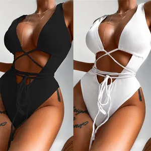 Conjunto de Bikini de una pieza con escote en V profundo para mujer, traje de baño Sexy en blanco y negro, bañador erótico, novedad de 2022