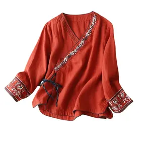 गर्मियों जातीय शैली महिलाओं की शर्ट कपास लिनन slanted सामने कशीदाकारी दैनिक शीर्ष शर्ट विंटेज ढीला फिटिंग Hanfu शर्ट