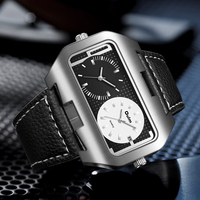 Montre-bracelet à quartz pour homme Oulm 9147 au design unique, grand cadran rectangulaire, double fuseau horaire, date analogique, bracelet en cuir, tendance