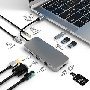 USB C ดิจิตอล AV มัลติฟังก์ชั่น HDMI 4K อะแดปเตอร์เครื่องอ่านบัตร 10 ใน 1 USB C Hub Dock Station