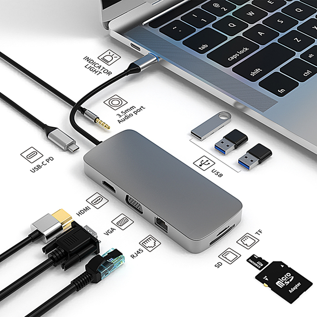 USB C Digital AV Multifunction HDMI 4K Adapter Card Reader 10 in 1 USB C Hub Dock Station