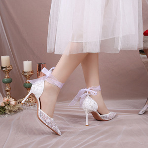 Sandales à talons blancs à lacets pour femmes, chaussures de luxe à bride arrière pour dames - Product Image 6