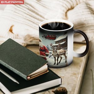Taza de Cerámica Negra Esmerilada de 11 oz, Taza Mágica que Cambia de Color con el Calor, Diseño Navideño de Papá Noel y Reno, Pintura Plana 2D - Product Image 3