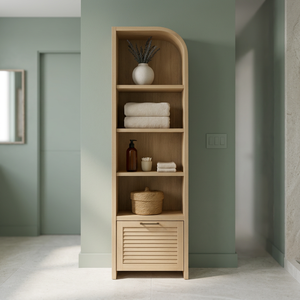 Modern <b>Teak</b> Wood Bathroom Storage Cabinet with Louvered Door and Open <b>Shelves</b> - Product Image 2