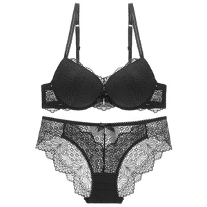 Women's Everyday Style Breathable Brassiere <strong>Panties</strong> Combo Hollowed-out Floral Lace Bow <strong>Bra</strong> <strong>Set</strong> with Logo on Waist - Product Image 3