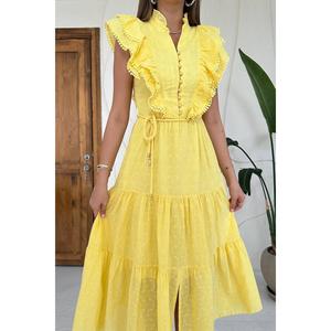Vestido Amarillo con Volantes y Botones, Talla Única, Estilo Casual de Verano para Fiesta, Cintura Imperio, Forro de Viscosa, Modelo por Encargo - Product Image 2