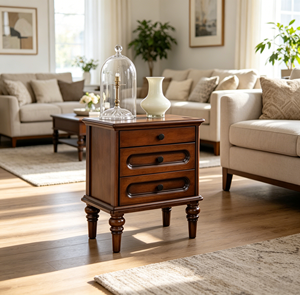 New Arrival Three <b>Drawer</b> Oval Recessed Panel Solid Wood Nightstand with Turned Bun Leg & Round Knobs - Product Image 5