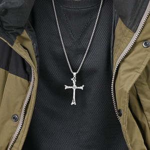Retro punk style stainless steel bone cross necklace, <b>titanium</b> steel niche, unique, unisex pendant accessory. - Product Image 3