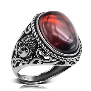 925 Sterling Silver Men's Ring with Big Red Cubic Zirconia Stone Adjustable Size Ring Silver Band for Men