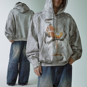 High Quality Custom Breathable Cotton Dirty Washed Pullover Sweatshirt Cut and Sewn Design Men's Printed Hoodie Wholesale - Product Image 1