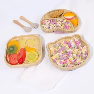 New Product Idea 2024 Eco-friendly Divided Salad Silicone Suction Bamboo Baby Bowl Plate Set Cute Animal Wood Bowl Plate For Kid