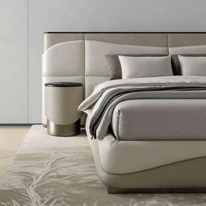 Set <span class=keywords><strong>Letto</strong></span> <span class=keywords><strong>Matrimoniale</strong></span> Moderno di Lusso <span class=keywords><strong>con</strong></span> Design Artistico Ondulato, <span class=keywords><strong>Letto</strong></span> Doppio Imbottito in Pelle - Product Image 2