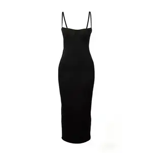 Elegant Solid Strap Sleeveless Maxi Dress Women Sexy Low Cut Backless Body-Shaping Robe 2024 Clubwear
