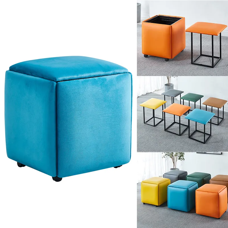 Taburete moderno de cuero sintético con Base de rueda libre, silla otomana de Terciopelo Azul, cubo mágico, suave, organizado, 5 en 1