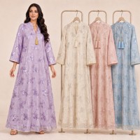 Nouvelle Robe Longue YSYL pour l'Aïd, Col Montant, Détails à Pompons, Broderie Florale Pailletée Intégrale, Tissu Dentelle, Manches Longues, Abaya Musulmane