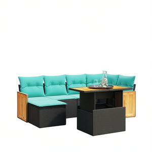 Set Divano da Esterno in Polyrattan Nero con Cuscini, 7 Posti, Design Contemporaneo con Dettagli in Legno Massello - Product Image 1