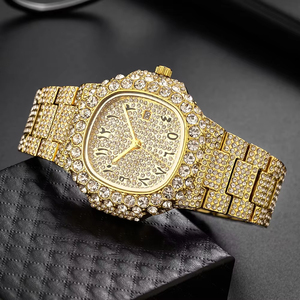 Hot Selling fashion Luxury Gold-Tone Full Diamond Encrusted <b>Watch</b> Arabic Numerals Dial Gold Steel Band Men's Hip Hop Wristwatch - Product Image 2