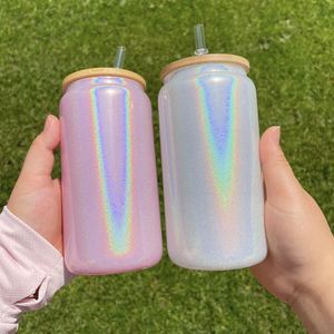 แก้วน้ำโซดาเบียร์แบบมีฝาปิด PP ขนาด 15, 16, 20 ออนซ์ สีขาวกลิตเตอร์ผสมสีโฮโลแกรมวิบวับ สำหรับงานซับลิเมชั่น - Product Image 3