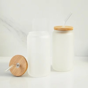 Almacén de EE. UU., 16oz, 500ml, cerveza de Cola esmerilada, vaso de vidrio de borosilicato para beber, taza con tapa de bambú y pajita para sublimación - Product Image 5