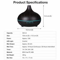 Diffuseur d'arômes en bois foncé sans BPA de 550 ml, humidificateur d'huiles essentielles, LED 7 couleurs, arrêt automatique, minuterie 1H/3H/6H, maison, bureau, spa