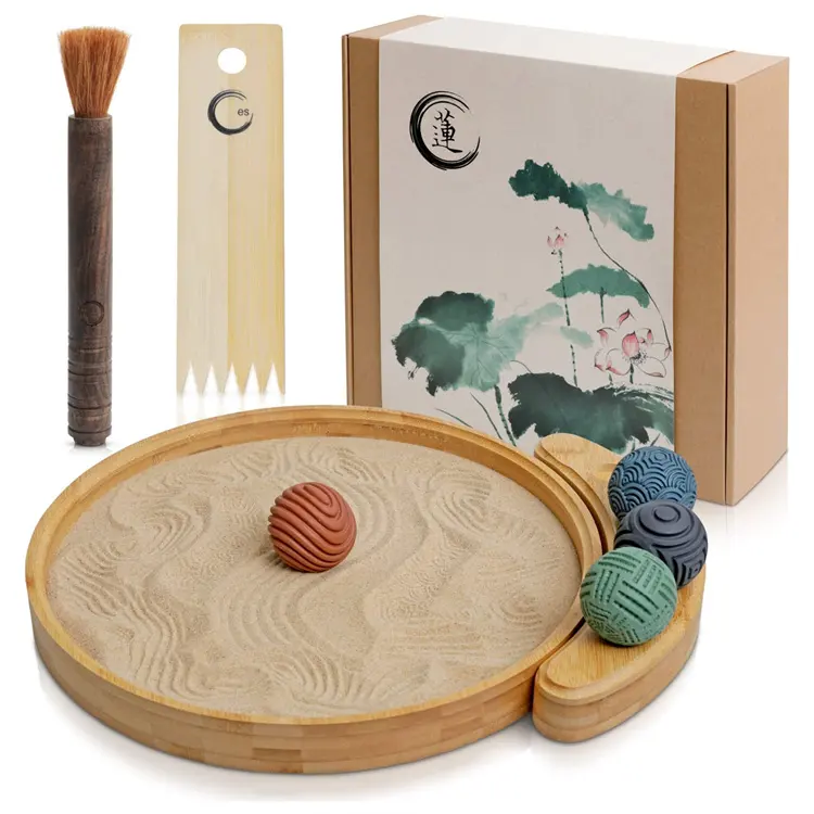 Custom Mini Zen Garden Decor Gifts Box Set With Large Bamboo Tray Natural Sand Rake Japanese Zen Garden Kit for Office Desk