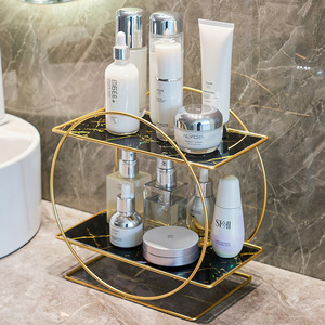 Double Layer Round Metal Storage Rack For Bathroom Cosmetics And Toiletries Freestanding With <b>Mirror</b> Tray - Product Image 4