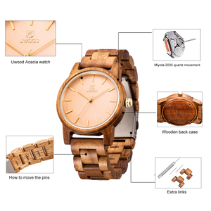 Relojes de madera de <span class=keywords><strong>Mango</strong></span> de lujo para hombre y mujer, de marca personalizada, informal, de cuarzo, UWOOD, Koa, de madera de Acacia de oliva - Product Image 4