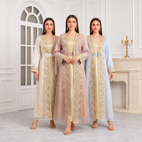 Ensemble de deux pièces kaftan brodé pour femmes, robe longue musulmane à manches longues, abaya dorée avec perles, pour l'Aïd, le Ramadan, l'hiver, en polyester, vente en gros