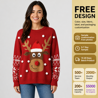 Pull en tricot pour femme FNJIA, col rond, motif renne de Noël, pompon, flocon de neige, jacquard, pull de Noël, pull en tricot pour femme