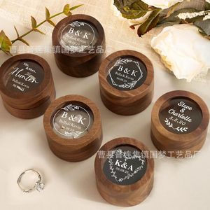 Wooden <b>Ring</b> Box Round Walnut Color Elegant Jewelry <b>Storage</b> Wedding <b>Ring</b> Packaging With Engraved Logo Customizable - Product Image 3