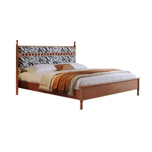 Cama Queen Size de madera maciza con cabecero tapizado con mechones Muebles de dormitorio modernos de mediados de siglo Fácil montaje Sin ruido